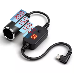   HANJUN® szivargyújtó adapter átalakító, állítható feszültség, kijelzővel, 5V→9V / 12V / 15V / 20V, 60cm, fekete