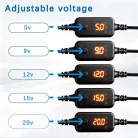 HANJUN® szivargyújtó adapter átalakító, állítható feszültség, kijelzővel, 5V→9V / 12V / 15V / 20V, 60cm, fekete