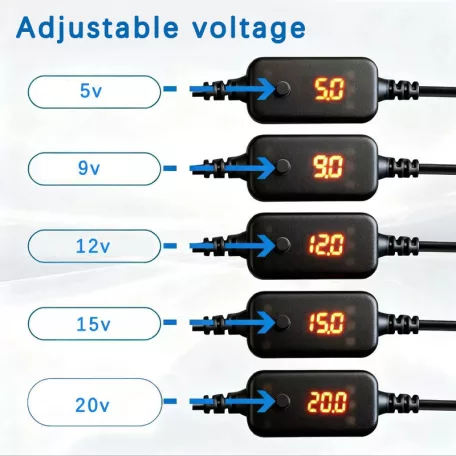 HANJUN® szivargyújtó adapter átalakító, állítható feszültség, kijelzővel, 5V→9V / 12V / 15V / 20V, 60cm, fekete