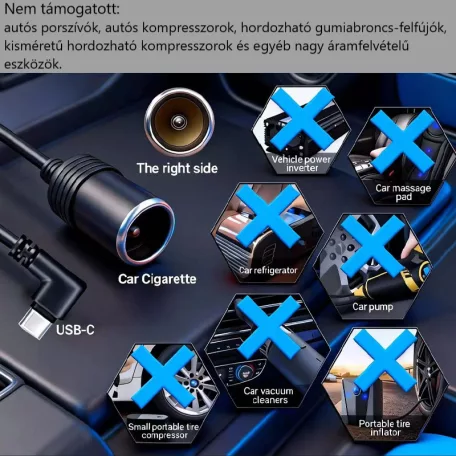 HANJUN® szivargyújtó adapter átalakító, állítható feszültség, kijelzővel, 5V→9V / 12V / 15V / 20V, 60cm, fekete