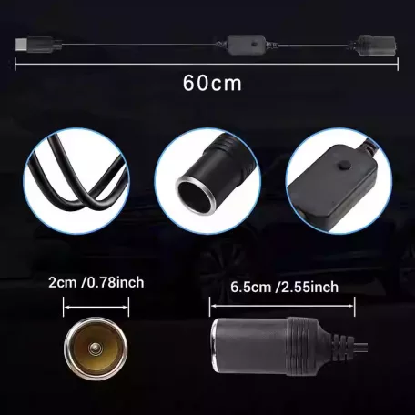 HANJUN® szivargyújtó adapter átalakító, állítható feszültség, kijelzővel, 5V→9V / 12V / 15V / 20V, 60cm, fekete