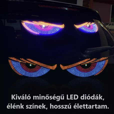 Dinamikus RGB "Ördögszemek" Autós LED Hangulatvilágítás – 11 Fényeffekt, Kétoldalú Ragasztós Rögzítés, 4m USB Kábel, piros/sárga/zöld