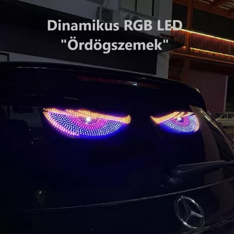 Dinamikus RGB "Ördögszemek" Autós LED Hangulatvilágítás – 11 Fényeffekt, Kétoldalú Ragasztós Rögzítés, 4m USB Kábel, piros/sárga/zöld