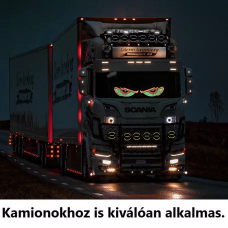 Dinamikus RGB "Ördögszemek" Autós LED Hangulatvilágítás – 11 Fényeffekt, Kétoldalú Ragasztós Rögzítés, 4m USB Kábel, piros/sárga/zöld
