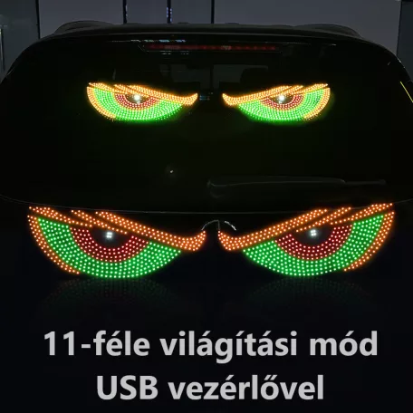 Dinamikus RGB "Ördögszemek" Autós LED Hangulatvilágítás – 11 Fényeffekt, Kétoldalú Ragasztós Rögzítés, 4m USB Kábel, piros/sárga/kék