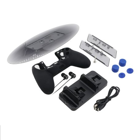 PS4 Pro/Slim Gamer Kit, TP4-1751 készlet: PS4 állvány, dupla töltőállomás, szilikon gamepad tok, füllhallgató, fekete