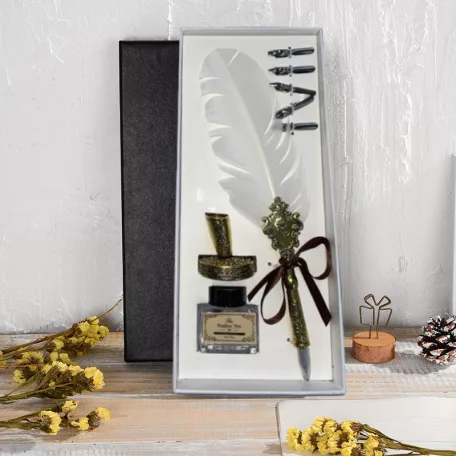 KHAT Vintage tollkészlet, tintatartóval és tolltartóval, 5db fém tollhegy, fehér/aranyszín