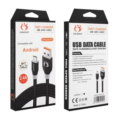 Olesit Adat- és Töltőkábel K191, 150 cm, MicroUSB/USB csatlakozó, 2.4A gyorstöltés, fekete