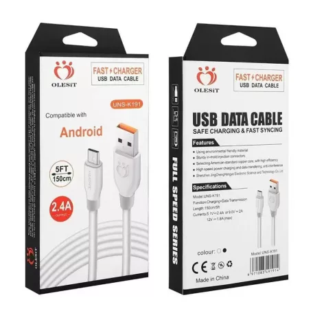 Olesit Adat- és Töltőkábel K191, 150 cm, MicroUSB/USB csatlakozó, 2.4A gyorstöltés, fehér