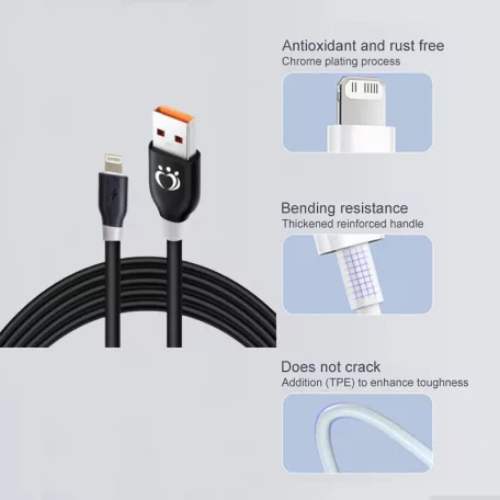 Olesit Adat- és Töltőkábel K192, 150 cm, Lightning/USB csatlakozó, 2.4A gyorstöltés, fekete