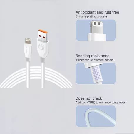 Olesit Adat- és Töltőkábel K192, 150 cm, Lightning/USB csatlakozó, 2.4A gyorstöltés, fehér
