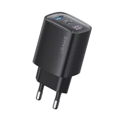   USAMS® GaN USB hálózati töltő adapter, 30W gyorstöltés, 2 port, LCD kijelző, túlterhelés elleni védelem, fekete
