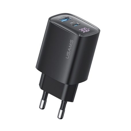 USAMS® GaN USB hálózati töltő adapter, 30W gyorstöltés, 2 port, LCD kijelző, túlterhelés elleni védelem, fekete