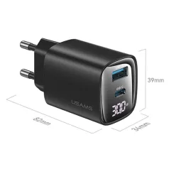  USAMS® GaN USB hálózati töltő adapter, 30W gyorstöltés, 2 port, LCD kijelző, túlterhelés elleni védelem, fekete