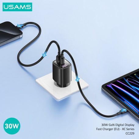 USAMS® GaN USB hálózati töltő adapter, 30W gyorstöltés, 2 port, LCD kijelző, túlterhelés elleni védelem, fekete