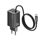USAMS® GaN USB hálózati töltő adapter, 65W gyorstöltés, 3 port, fix USB-C kábel, túlterhelés elleni védelem, fekete