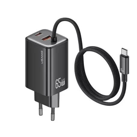 USAMS® GaN USB hálózati töltő adapter, 65W gyorstöltés, 3 port, fix USB-C kábel, túlterhelés elleni védelem, fekete