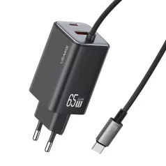   USAMS® GaN USB hálózati töltő adapter, 65W gyorstöltés, 3 port, fix USB-C kábel, túlterhelés elleni védelem, fekete