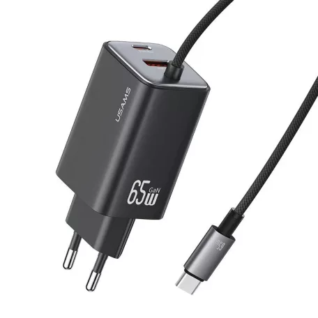 USAMS® GaN USB hálózati töltő adapter, 65W gyorstöltés, 3 port, fix USB-C kábel, túlterhelés elleni védelem, fekete