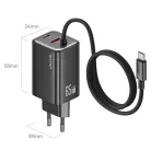 USAMS® GaN USB hálózati töltő adapter, 65W gyorstöltés, 3 port, fix USB-C kábel, túlterhelés elleni védelem, fekete