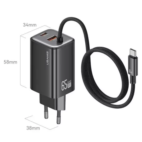 USAMS® GaN USB hálózati töltő adapter, 65W gyorstöltés, 3 port, fix USB-C kábel, túlterhelés elleni védelem, fekete