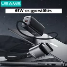 USAMS® GaN USB hálózati töltő adapter, 65W gyorstöltés, 3 port, fix USB-C kábel, túlterhelés elleni védelem, fekete