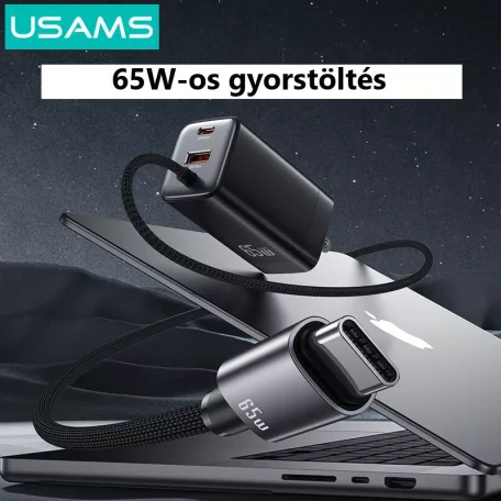 USAMS® GaN USB hálózati töltő adapter, 65W gyorstöltés, 3 port, fix USB-C kábel, túlterhelés elleni védelem, fekete
