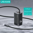 USAMS® GaN USB hálózati töltő adapter, 65W gyorstöltés, 3 port, fix USB-C kábel, túlterhelés elleni védelem, fekete