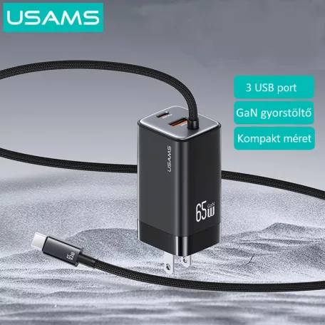 USAMS® GaN USB hálózati töltő adapter, 65W gyorstöltés, 3 port, fix USB-C kábel, túlterhelés elleni védelem, fekete