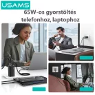 USAMS® GaN USB hálózati töltő adapter, 65W gyorstöltés, 3 port, fix USB-C kábel, túlterhelés elleni védelem, fekete