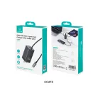 USAMS® GaN USB hálózati töltő adapter, 65W gyorstöltés, 3 port, fix USB-C kábel, túlterhelés elleni védelem, fekete