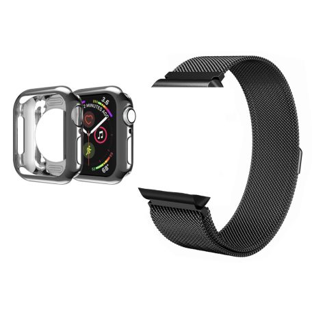 Milanese Loop Apple Watch fém szíj és képernyővédő tok, 38mm kijelzőjű okosórákhoz, fekete