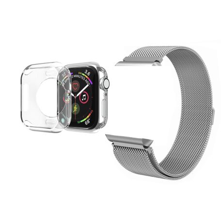 Milanese Loop Apple Watch fém szíj és képernyővédő tok, 38mm kijelzőjű okosórákhoz, ezüstszín