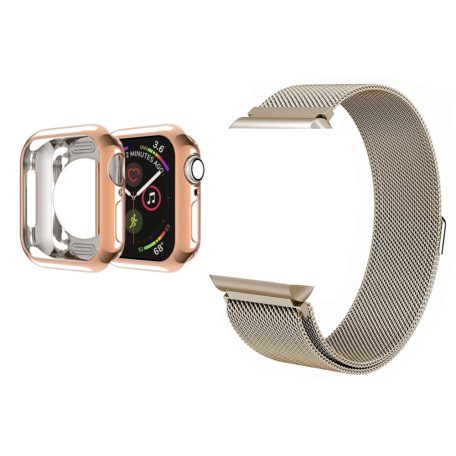 Milanese Loop Apple Watch fém szíj és képernyővédő tok, 38mm kijelzőjű okosórákhoz, rosegold