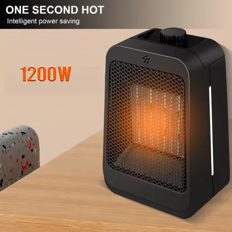 Hordozható Mini Hősugárzó, PTC Fűtőtest, 3 különböző fokozattal, 1200W állítható fűtési teljesítmény, fekete