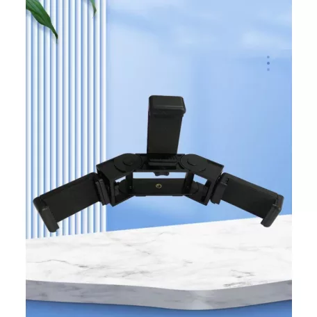 Mobiltelefon tartó adapter tripodhoz/monopodhoz, 3 mobilkészülék egyidejű megtartására, állítható szögű adapter, fekete
