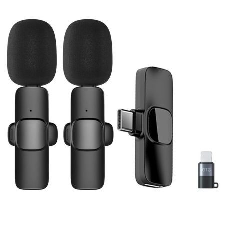 Csiptetős Dual Vezeték Nélküli Mikrofon, Okostelefonhoz, Omnidirekcionális, Wireless, USB-C/Lightning csatlakozó, fekete