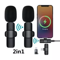   Csiptetős Dual Vezeték Nélküli Mikrofon, Okostelefonhoz, Omnidirekcionális, Wireless, USB-C/Lightning csatlakozó, fekete
