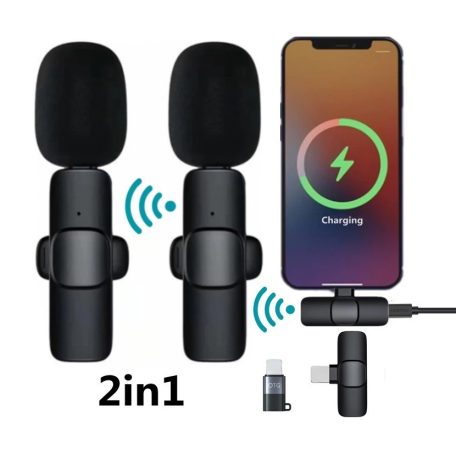 Csiptetős Dual Vezeték Nélküli Mikrofon, Okostelefonhoz, Omnidirekcionális, Wireless, USB-C/Lightning csatlakozó, fekete